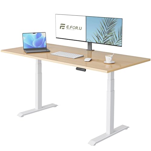 E.For.U® Höhenverstellbarer Schreibtisch Elektrisch 180x80cm - Ergonomischer Steh-Sitz Tisch Verstellbarer, Computertisch Bürotisch Stehschreibtisch, 2 Motoren 3-Fach Teleskop (Holz+Weiß) von E.For.U