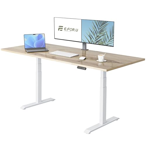 E.For.U® Höhenverstellbarer Schreibtisch Elektrisch 200x100cm - Ergonomischer Steh-Sitz Tisch Verstellbarer, Computertisch Bürotisch Stehschreibtisch, 2 Motoren 3-Fach Teleskop (Asteiche+Weiß) von E.For.U