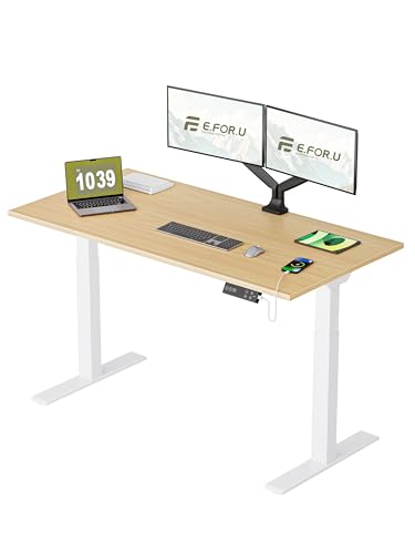 E.For.U® höhenverstellbarer Schreibtisch 160x80 cm, 2 Motoren, elektrisch höhenverstellbares Tischgestell mit 2-Fach-Teleskop, Memory-Steuerung (Weiß), DT20L mit Tischplatte (Buche) von E.For.U