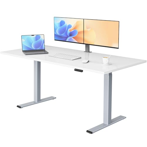 E.For.U® höhenverstellbarer Schreibtisch 180x80 cm, 2 Motoren, elektrisch höhenverstellbares Tischgestell mit 2-Fach-Teleskop, Memory-Steuerung (Silber), DT20L mit Tischplatte (Weiß) von E.For.U