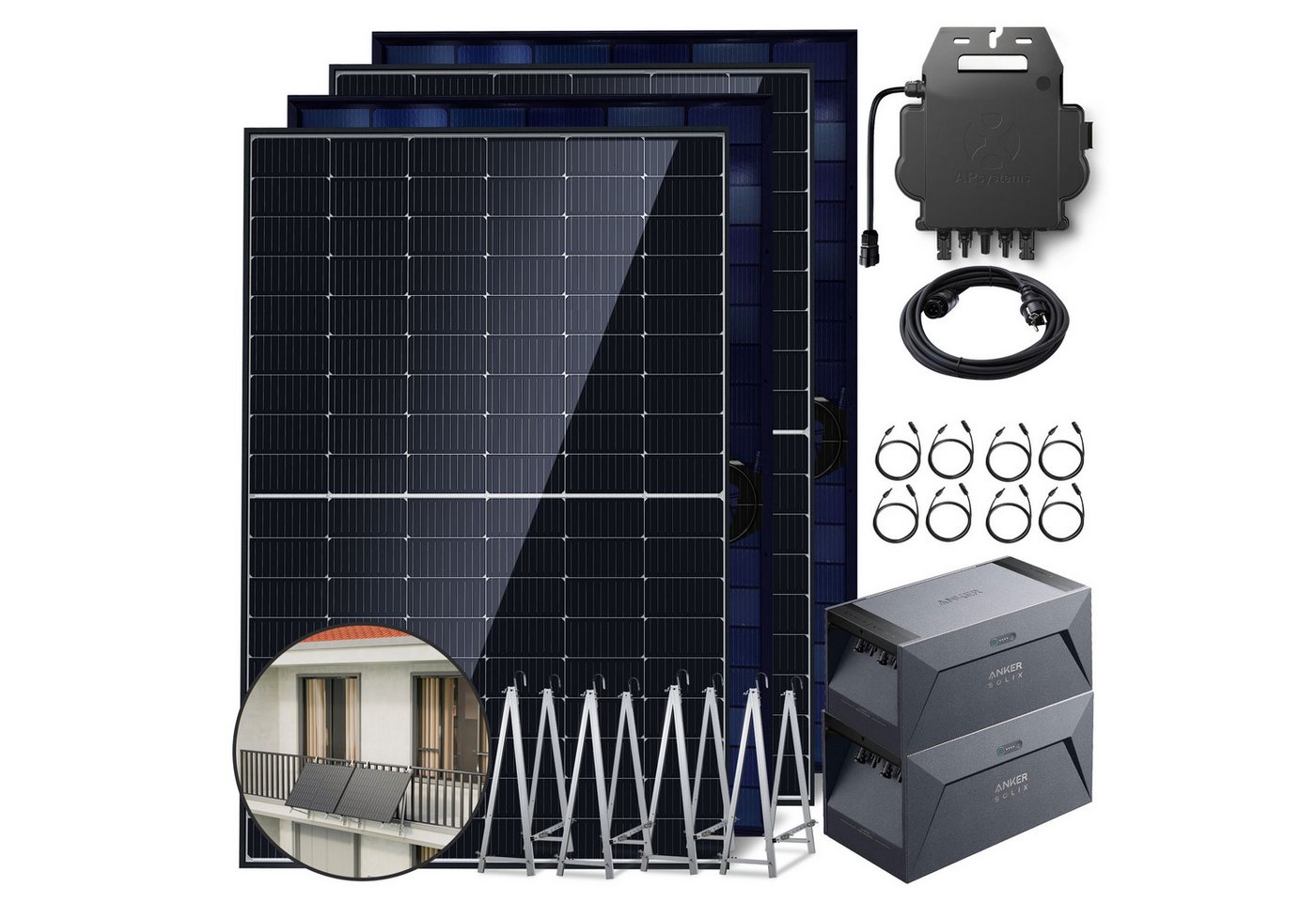 E.For.U Solarmodul Balkonkraftwerk mit Speicher (1760W, 3200Wh), Monokristallin, (Photovoltaik Mini-PV Anlage 2x Solarbank E1600 (1600Wh) und 4x Balkonkraftwerk (440W) Bifazialer Glas-Glas Solarmodule Komplettset, Kostenloses OTA-Update 800W-Mikro-Wechselrichter, 0% MwSt), inkl. 5m Kabel von E.For.U