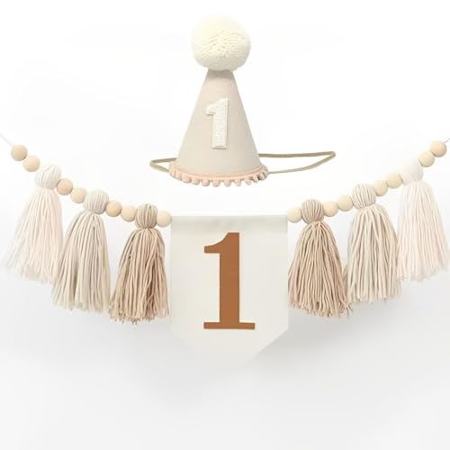 Boho 1. Geburtstag Hochstuhl Banner mit Kegel Hut Weiß Sand Beige Neutral Erster Geburtstag Mädchen Junge Babyparty Wandbehänge Dekoration von E0EHOHC