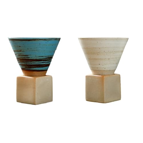 EABYMOR Espressotassen aus Keramik, 200 ml, Espresso-Kaffeetasse mit Untertasse, Vintage-Kegeltrichter, Teetasse mit Boden für Zuhause, Bar, Café (Beige, Cyan), 2 Stück von EABYMOR