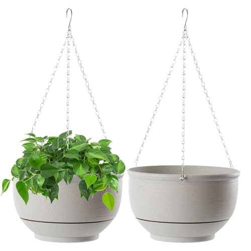 EACHPT Blumenampel Hängend Innen Außen, Hängeblumentöpfe 23cm 2 Stück Hängetopf für Pflanzen,für draußen mit Drainagelöchern und Abnehmbarem Untersetzer Hängende Pflanzgefäße für Decken Balkone von EACHPT