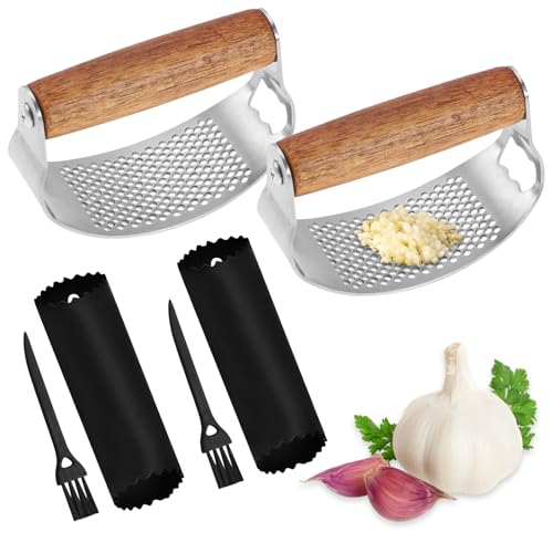 EACHPT Knoblauchpresse Wippe 2 Sätze Knoblauchhacker Edelstahl mit Holzgriff, mit Silikon Knoblauchschäler und Reinigungsbürste, Garlic Press Einfache Handhabung und Reinigung, Spülmaschinenfest von EACHPT