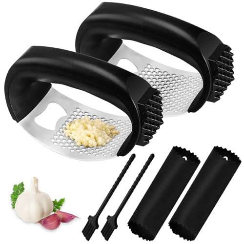 Knoblauchpresse Wippe 2 Stück EACHPT Knoblauchhacker Edelstahl Mit Silikon Knoblauchschäler und Reinigungsbürste, Garlic Press Einfache Handhabung und Reinigung, Spülmaschinenfest von EACHPT