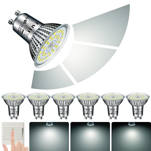 EACLL GU10 LED Kaltweiss 10W 3-Stufen Dimmbar über Lichtschalter, 6 Stück. 940 Lumen 6000K Ersetzt 125W, 3 Helligkeitsstufen mit Memory-Funktion, 3-in-1 Flimmerfrei Reflektorlampe, Dimmen ohne Dimmer von EACLL