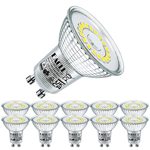 EACLL GU10 LED Kaltweiss 4.8W Ersetzt 75W Halogen Leuchtmittel, 10er-Pack. 585 Lumen 6000K Birnen, AC 230V Flimmerfrei Strahler, Abstrahlwinkel 120° Spot, Nicht Dimmbar Reflektorlampen von EACLL