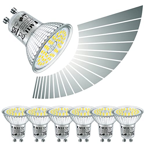 EACLL GU10 LED Kaltweiss 6W Stufenlos Dimmbar Leuchtmittel, 6er-Pack, 620 Lumen 6000K Birnen, AC 230V Flimmerfrei Strahler, Abstrahlwinkel 120° Spot, Kontinuierlich Dimmen über Dimmer von EACLL