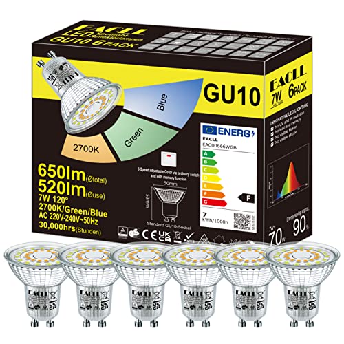 EACLL 6er-Pack GU10 LED Lampe 7W 3-Stufen Einstellbare Farbe über Schalter, 2700K 650lm Warmweiß-Grün-Blau, 3-Farbiger 3-in-1 Strahler mit Memory-Funktion, Dimmbare Lichtfarbe ohne Fernbedienung von EACLL