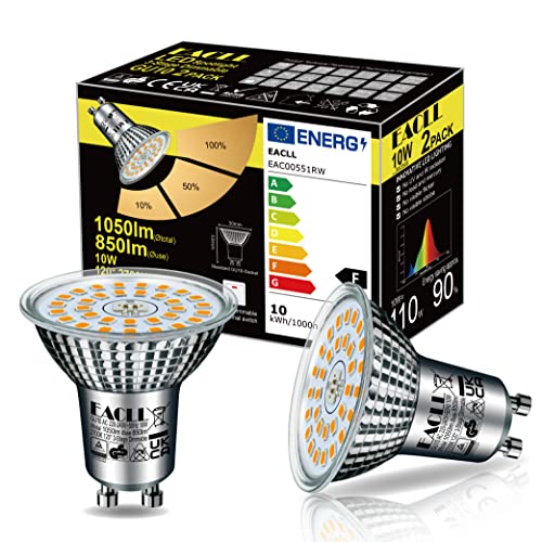 EACLL GU10 LED Warmweiss 10W 3-Stufen Dimmbar über Lichtschalter, 2 Stück. 850 Lumen 2700K Ersetzt 110W, 3 Helligkeitsstufen mit Memory-Funktion, 3-in-1 Flimmerfrei Reflektorlampe, Dimmen ohne Dimmer von EACLL