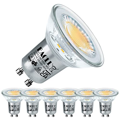 EACLL GU10 LED Warmweiss 3,5W Ersetzt 50W Halogenlampe, 6er-Pack. 385 Lumen 3000K Leuchtmittel, Abstrahlwinkel 360° Energiesparlampe, Nicht Dimmbar Reflektorlampen, AC 230V Flimmerfrei Strahler von EACLL