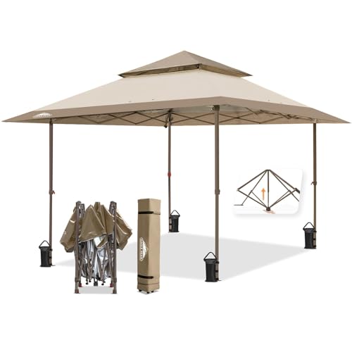 EAGLE PEAK 4x4m Pavillon Klappbar Wasserdicht Pop Up Pavillon Faltbar Doppel - Spitze Faltpavillon für Garten Party Hochzeit Picknick und Festival, inkl. mit Tragetasche mit Rollen (Beige) von EAGLE PEAK