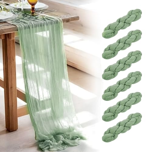 Käsetuch Tischläufer Boho Musselin Seihtuch 90 x 300 cm für Hochzeit Party Wiederverwendbar Lange Tischabdeckung für Baby Brautdusche Deko Transluzentes Gaze Mittelstück (Salbeigrün, 6pcs) von EAHAUCIR