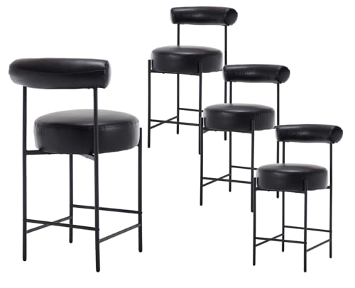 EALSON Barhocker aus Leder, modern, gepolstert, mit gebogener offener Rückenlehne, runder Sitzfläche, bequeme Barstühle für Kücheninsel, 66 cm, Schwarz, 4 Stück von EALSON