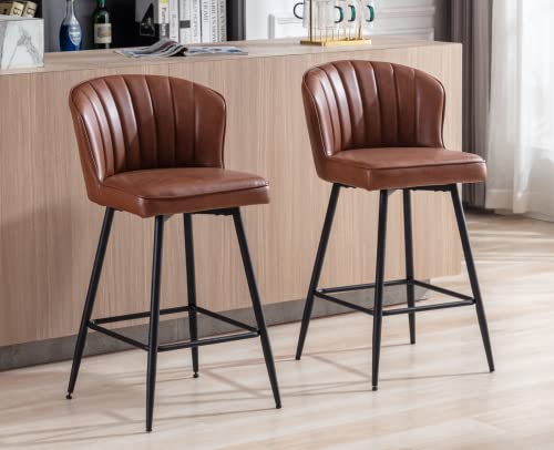 EALSON Barhocker mit Thekenhöhe, 2er-Set, moderne Barstühle mit Rückenlehne, Leder, gepolsterte Barhocker mit Metall-Fußstütze, bequeme Inselstühle für Küchentheke/Hausbar/Esszimmer, Braun von EALSON