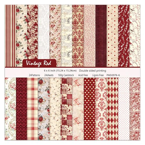 24 Blatt roter ästhetischer Scrapbooking-Papierblock, 15,2 x 15,2 cm, doppelseitiges Blumenmuster für Fotos, Album, Tagebücher, Zubehör, dekorative Collage, Origami, Basteln, Geschenkverpackungen von EAMOTOL