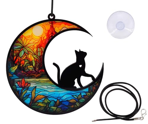 EANAGO Fensterbild >Katze< Deko Fenster - Windspiel - Fensterdeko hängend - Sonnenfänger Fenster - Gartendeko - Suncatcher - Durchmesser 12 cm - mit Saugnapf und Seil (Katze2) von EANAGO