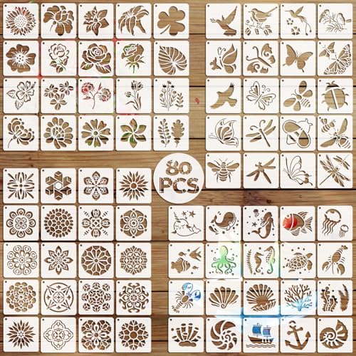 EAPIKON 80stk Blume Mandala Schablone Malen, 7.6cm Wiederverwendbar Meeres Zeichenschablonen für Art Deko, Vorlagen Ozean Schmetterling für Holz Wände Leinwand Möbel DIY-Bastelprojekte von EAPIKON