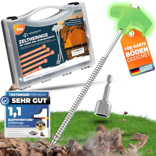 EARTHVENTURE® 14x Zeltheringe aus Stahl leuchten im dunklen - Heringe - Schraubheringe - stabile & sturmsichere Erdnagel für Camping - für weiche bis Harte Böden Erdschrauben (14 Set (Leuchtend)) von EARTHVENTURE