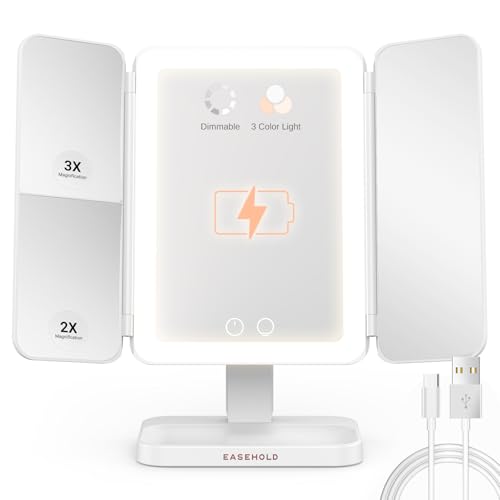 EASEHOLD Kosmetikspiegel mit Beleuchtung, 3- oder 2-fache Vergrößerung Schminkspiegel mit 3 einstellbare LED Licht, Akkubetrieb oder Typ C Aufladen Makeup Mirror (2000 mAh Akku) von EASEHOLD