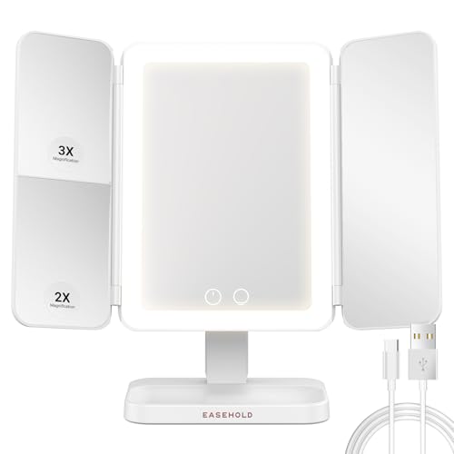 EASEHOLD Kosmetikspiegel mit Beleuchtung, 3- oder 2-fache Vergrößerung Schminkspiegel mit 3 einstellbare LED Licht, Akkubetrieb oder Typ C Aufladen Makeup Mirror (2000 mAh Akku) von EASEHOLD
