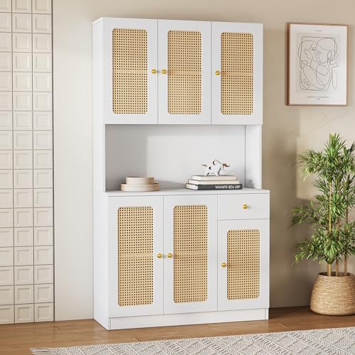 EASTALOLO Elegantes Rattan Highboard mit 6 Rattantüren und Einer Schublade, offenem Stauraum in der Mitte, vielseitiges Sideboard für Wohnzimmer, Eingang und Esszimmer (Weiß) von EASTALOLO