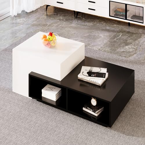 EASTALOLO Kombi Couchtisch mit Hebefunktion in Schwarz und Weiß, Moderner Wohnzimmertisch mit Ablagefächern Funktionaler Sofa Beistelltisch für Wohnzimmer von EASTALOLO