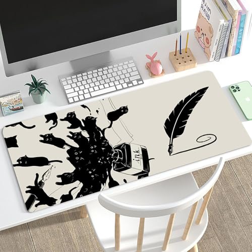 Gaming-Mauspad XL (30 x 80 cm), schwarze Katze, erweitertes großes Mauspad, Schreibtischunterlage, genähte Kanten, rutschfeste Gummiunterseite, Tastatur-Pad (80 x 30 cm) (Tintenkatze, 80 x 30 cm) von EASTARAL