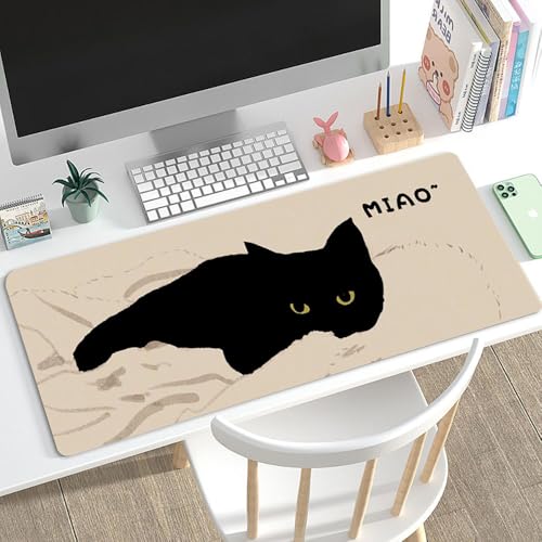 Gaming-Mauspad XL (30 x 80 cm), schwarze Katze, erweitertes großes Mauspad, Schreibtischunterlage, genähte Kanten, rutschfeste Gummiunterseite, Tastatur-Pad (80 x 30 cm) (faule Katze, 80 x 30 cm) von EASTARAL