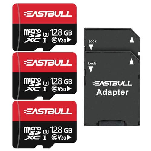 EASTBULL Micro SD Speicherkarten 128GB, microSDHC-Speicherkarte + SD-Adapter, Smartphones, Desktop-Computer und Drohnen, A1 U1 C10 V10, Full HD und 4K UHD, TF-Karte 3er-Pack + 2 Adapter von EASTBULL