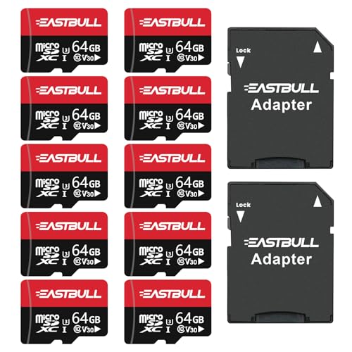 SD-Speicherkarten, 64 GB SD-Karten, Full HD Video 90 MB/s UHS-I U1 Micro SDHC Klasse 10 für Überwachungskamera (10 Einheiten und 2 Adapter) von EASTBULL