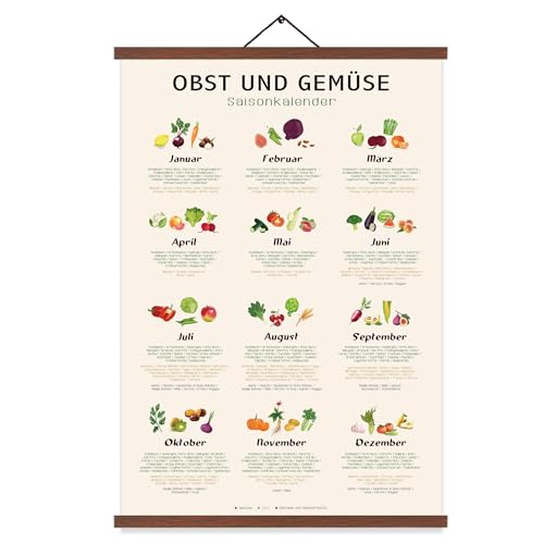 EASTJOY Saisonplakate Obst Gemüse,12 Monate Vegetarier Poster，Saisonkalender Obst und Gemüse, Geschenk für Köche,Mit Teak Holz Posterleiste DIN A2 (60x40cm) von EASTJOY