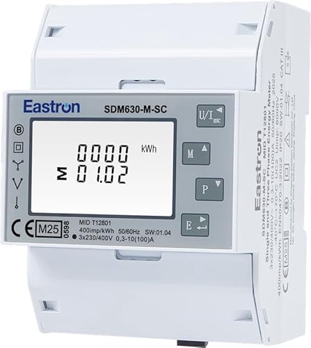 EASTRON SDM630 MODBUS SC EV Charging Stromverbrauchsmesser - 1/3 Phasen Stromzähler Hutschiene - Strommessgerät - Drehstromzähler - Modbus RS485 RTU, 100A kWh, Impulszähler & beleuchtetes LCD-Display von EASTRON