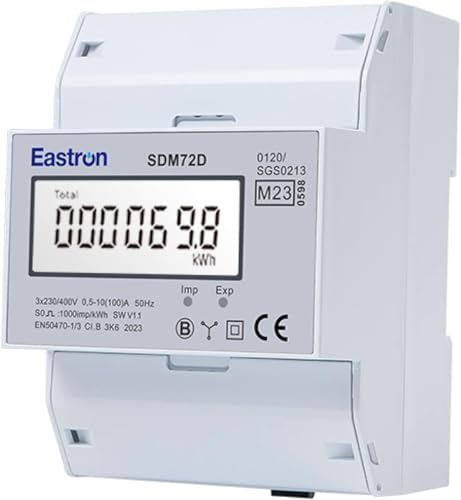 EASTRON SDM72D-MID Stromverbrauchsmesser – 100A Drehstromzähler – Stromzähler 3 Phasen - 100A kWh Netz, DIN-Hutschiene - Strommessgerät mit beleuchtetem LCD-Bildschirm - MID zertifiziert/geeicht EASTRON SDM72D-MID Stromverbrauchsmesser – 100A Drehstromzähler – Stromzähler 3 Phasen - 100A kWh Netz, DIN-Hutschiene - Strommessgerät mit beleuchtetem LCD-Bildschirm - MID zertifiziert/geeicht von EASTRON