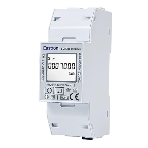 SDM230 Modbus RS485 Einphasiger Energiezähler, Stromverbrauchsmonitor, 100 Ampere kWh, DIN-Schienen-Leistungsmesser, Modbus RS485 RTU mit Hintergrundbeleuchtung, MID-zertifiziert von EASTRON