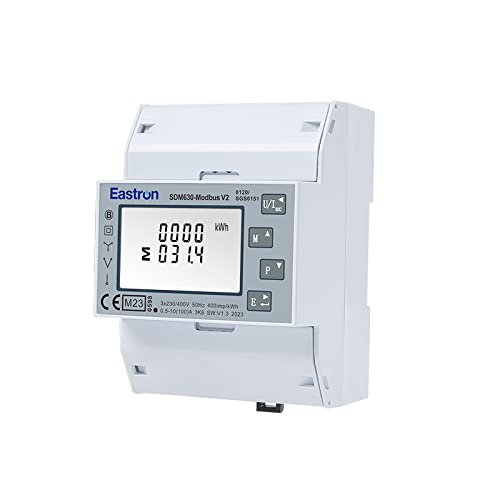 EASTRON SDM630 MODBUS-MID V2 Stromverbrauchsmesser - 1/3 Phasen Stromzähler Hutschiene - Strommessgerät - Drehstromzähler - Modbus RS485 RTU, 100A kWh, Impulszähler & beleuchtetes LCD-Display von EASTRON