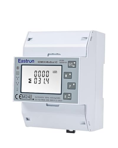 EASTRON SDM630 MODBUS-MID V2 Stromverbrauchsmesser - 1/3 Phasen Stromzähler Hutschiene - Strommessgerät - Drehstromzähler - Modbus RS485 RTU, 100A kWh, Impulszähler & beleuchtetes LCD-Display von EASTRON