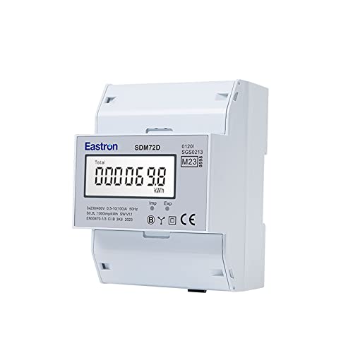 EASTRON SDM72D-MID Stromverbrauchsmesser – 100A Drehstromzähler – Stromzähler 3 Phasen - 100A kWh Netz, DIN-Hutschiene - Strommessgerät mit beleuchtetem LCD-Bildschirm - MID zertifiziert/geeicht von EASTRON