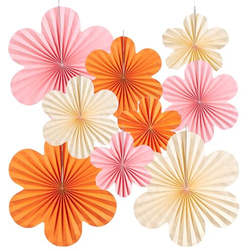 EASY JOY 9 Stück Papier Fächer Dekoration Orange Rosa Papierblumen Zum Aufhängen Party Deko Geburtstag Set für Hochzeit Geburtstag Tea Party Tischdeko Classroom Kirschblüten Backdrop Garland Deko von EASY JOY