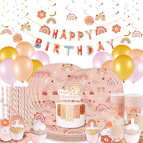 EASY JOY Boho Regenbogen Geburtstag Deko, 115stk Luftballons Partygeschirr Set 32 Pappteller 16 Pappbecher Strohhalme Banner Kuchendeko Tischdeko für Geburtstag Mädchen Kindergeburtstag Babyparty von EASY JOY