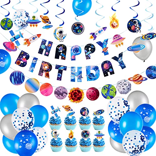 EASY JOY Weltraum Geburtstag Deko, 74er-Set Planet Luftballons Luftschlangen Happy Birthday Banner Girlande Kuchendeko Sonnensystem Space Astronauten für Jungen Kindergeburtstag Geburtstag von EASY JOY