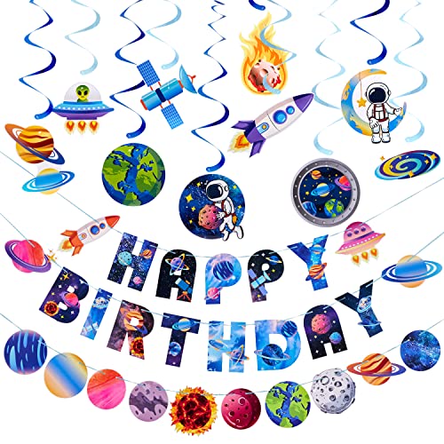 EASY JOY Weltraum deko Planet Geburtstagsdeko Luftschlangen Happy Birthday Banner Girlande Sonnensystem Space Astronauten für Jungen Kindergeburtstag Geburtstag von EASY JOY