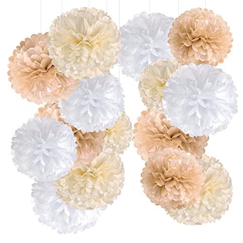 Pompom, Seidenpapier, Braun und Beige, Pompom, Blume, Dekoration, Hochzeit, Kugel, hängend, für Hochzeit, Party, Geburtstag, Schlafzimmer, Haus, Party, 15 Stück (5 Stück 15/20/25 cm) von EASY JOY