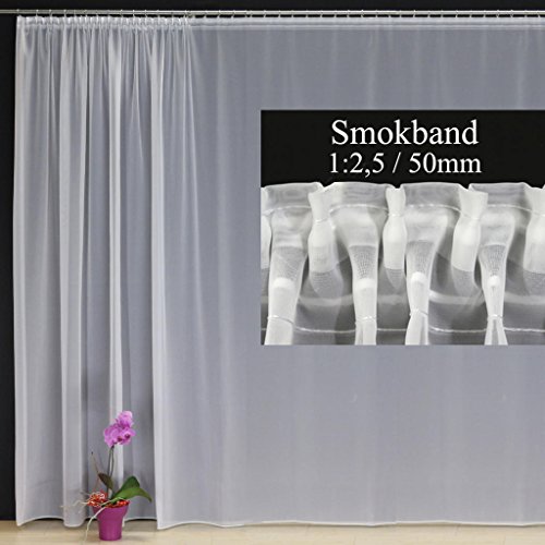 EASYHomefashion Fertiggardine nach Maß Voile Store weiß, maßgefertigt, halbtransparent mit SMOKBAND. Größe wählbar (Höhe 80-295 cm, Breite 200-1200 cm), Variante 160 x 550 cm (Höhe x Breite) von EASYHomefashion