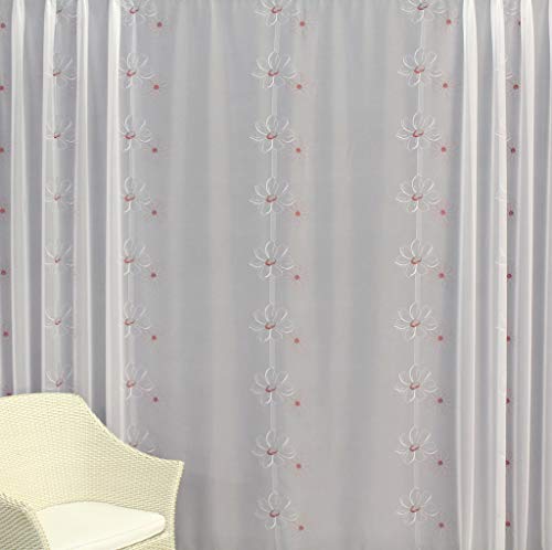 EASYHomefashion Gardine nach Maß maßgefertigte Fertiggardine Voile Store Deko Schal mit Stickerei Modell Garda ROT 110 x 300 cm (HöhexBreite) von EASYHomefashion