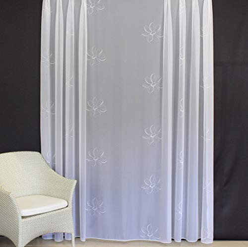 EASYHomefashion Hochwertige Gardine Fertiggardine Voile Store Schal mit Stickerei Faltenband und Bleiband weiß Venezia 135 x 300 cm (HöhexBreite) von EASYHomefashion