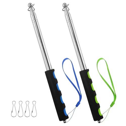 2 Stück Teleskop Fahnenstange, 2m Handheld teleskop fahnenmast Edelstahl mit 4 Clips Haken, teleskopstab Fahnenstange Ausziehbar für Reise Camping Reiseleiter Lehrer (Blau und Grün) von EASYKEENECOM