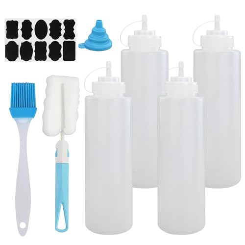 EASYKEENECOM 4 Stück 1000 ml (32 oz) Squeeze Flasche, Plastik Quetschflasche Mit Kappen, Squeeze Condiment Flaschen für Ketchup, Pigment Quetschflasche,mit Trichter, Aufkleber-Etikett von EASYKEENECOM