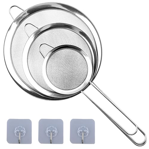 Edelstahl Sieb Küchensieb Set, 3 Stück Feines Sieb Klein Feinmaschig Passiersieb Siebe Fein Strainer Haushaltssieb mit Verstärktem Griff für Backen,Kochen, Küche Mehl Quinoa Reis Nudeln (8/12/16 cm) von EASYKEENECOM